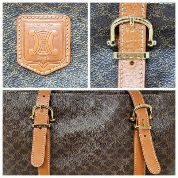 Vintage Celine Triomphe Canvas Brown Leather Medium Shoulder Tote Hand Bag Auth - Picture 4 of 13